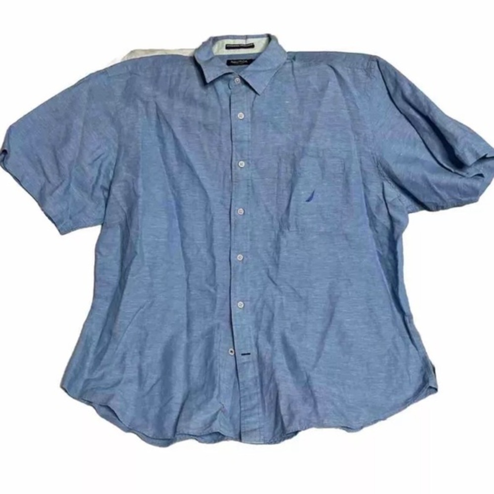 Nautica Shirt Mens 2XL Solid Blue Short Sleeve Button Up Linen Rayon Preowned
